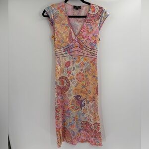 Etro Y2K Fairy Babydoll Designer Paisley Boho Hippie Fest Midi V Neck Dress Sz 4